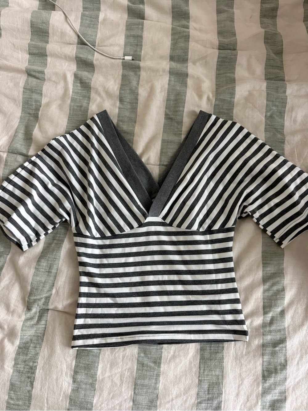 Striped V-Neck Short Sleeve Women’s Top - Black & White